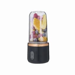 A drink bottle with a transparent blending jar filled with assorted fruits, featuring a black base and rose gold accents.