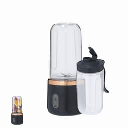 A drink bottle and blender in black and clear with a gold base, featuring a detachable travel cup.