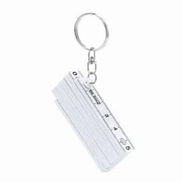 A keyring featuring a mini ruler with measurements in black on a white background. Includes a metal keychain attachment.