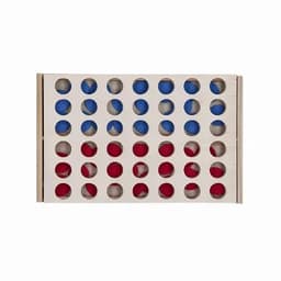 A game board featuring red and blue circular pegs arranged in a grid pattern, with a wooden frame.