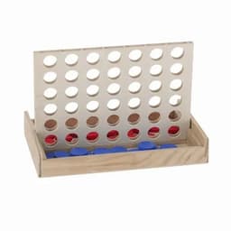 A wooden Connect Four game with red and blue discs, featuring a sturdy frame and open base for storage.