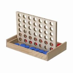A wooden Connect Four game featuring a vertical grid with red and blue discs in a natural wood tray.
