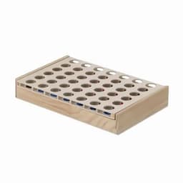 A rectangular wooden game board with multiple holes, featuring red and blue pegs. Includes a branding logo.