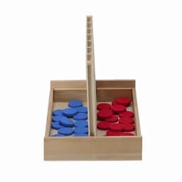 A wooden game box featuring compartments filled with red and blue tokens. It has a central divider and spaces for storage.