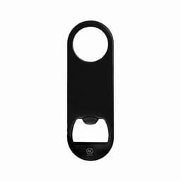A black bottle opener with a circular handle and a lever for opening caps. It features a branding logo.