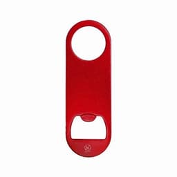 A red bottle opener with a circular handle and a built-in bottle cap remover. Features a logo on the surface.