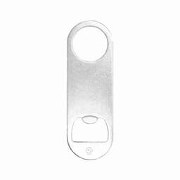 A bottle opener in silver metal, featuring a circular hole at one end and a flat bottle-opening edge.