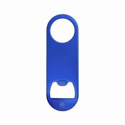 A blue bottle opener featuring a circular handle and a functional base, with a logo positioned on the bottom.