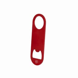 A red bottle opener with a large handle and a built-in cap remover, featuring a logo.