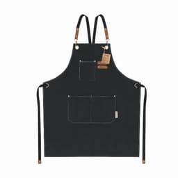 A black apron with leather accents and multiple pockets, featuring adjustable straps and a tag attached.
