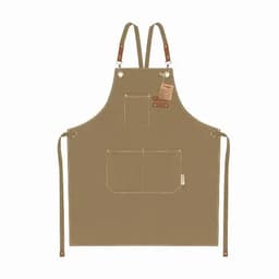 A brown apron made of durable fabric with two front pockets and leather straps, featuring a tag on one side.