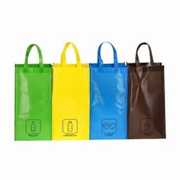 Four reusable bags in green, yellow, blue, and brown, each featuring handles and a logo.