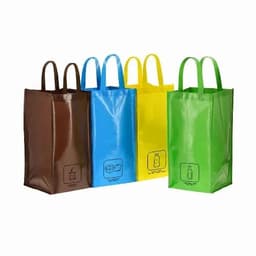 A set of four reusable shopping bags in brown, blue, yellow, and green, each with handles and a logo.