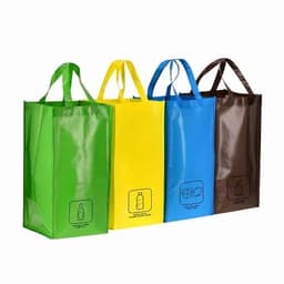 Reusable shopping bags in green, yellow, blue, and brown, each featuring a logo and handles for easy carrying.