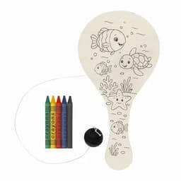 A paddle-shaped colouring board with a marine theme, featuring a starfish and fish, accompanied by five vibrant crayons.