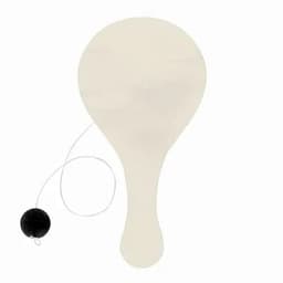 A paddle-shaped game piece in white with a black ball attached by a string. It features a branding logo.