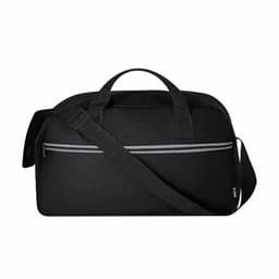 A black duffle bag featuring a zippered pocket and adjustable shoulder strap. It has a minimalist design and a logo.