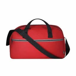 A red duffel bag with a zippered front pocket and black straps for carrying. It has an adjustable shoulder strap.