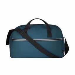 A duffle bag in teal with a handle and adjustable shoulder strap, featuring a front zip pocket and logo.