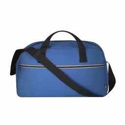A blue duffel bag with a shoulder strap and top handles, featuring a front zip pocket and a simple design.