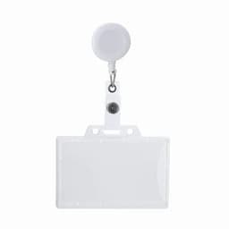 A clear badge holder with a retractable clip and white reel for easy attachment and display.