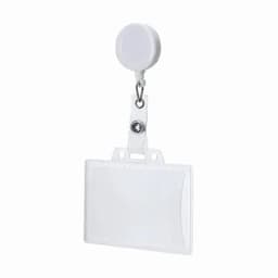 A retractable badge holder with a clear plastic ID card slot and a white round reel.