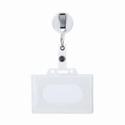 A clear badge holder with a retractable clip and a round silver button. Ideal for storing identification cards.
