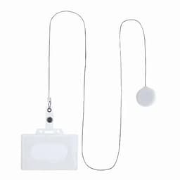 A lanyard with a retractable badge holder. The holder is clear and the lanyard is silver.