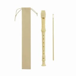 A cream-coloured recorder with a carrying pouch and cleaning stick, displayed against a white background.