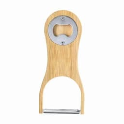 A bottle opener with a bamboo handle and a metal cap remover, featuring a sleek and natural design.