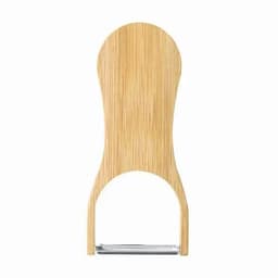 A vegetable peeler with a bamboo handle and stainless steel blade, featuring a simple and ergonomic design.
