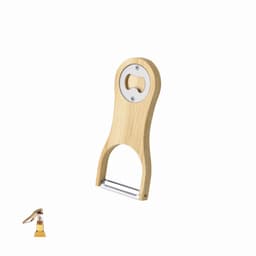A bamboo bottle opener with a metallic cap remover and a sleek, minimalist design.