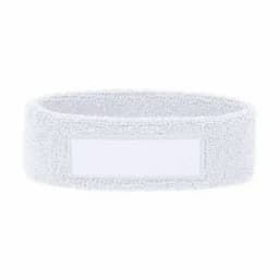 A wristband in white with a textured surface, featuring a blank section for personalisation.