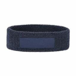 A navy blue wristband made of soft fabric, featuring a plain patch area for customisation.