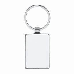 A keyring with a rectangular, blank metal tag attached to a silver ring.