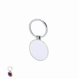 A keyring with a circular clear attachment and a metal clasp, featuring a logo in the lower corner.