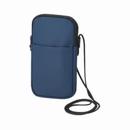A phone pouch in navy blue with a black trim, featuring a strap and a front pocket. It has a logo on the front.