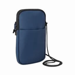 A navy blue phone pouch with a strap, featuring a front pocket and a zip closure. It has a logo on the front.