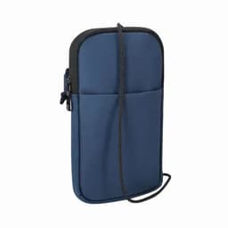 A navy blue phone pouch with a zippered closure and an adjustable strap for carrying. It features a logo.