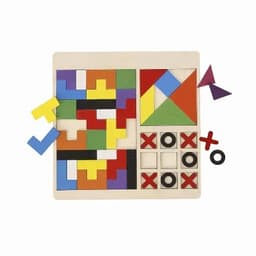 A wooden puzzle featuring colourful geometric shapes, with sections for tic-tac-toe and various patterns.