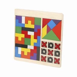 A wooden puzzle game featuring colourful geometric shapes and a tic-tac-toe grid with Xs and Os. It has a logo.