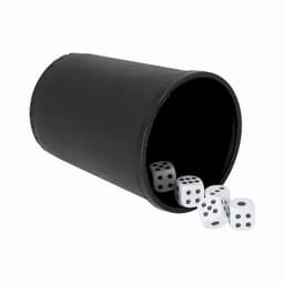 A black dice cup lies on its side, with several white dice spilling out.