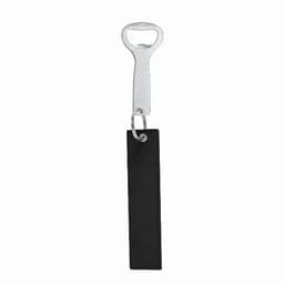 A bottle opener with a silver handle and a black rectangular base, attached by a metal ring.