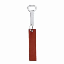 A bottle opener with a metallic handle and a red rectangular tag attached to it.