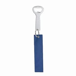 A bottle opener with a blue handle and a metal loop for attachment. It features a branded logo.