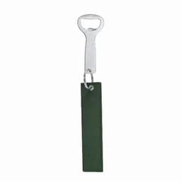 A bottle opener with a silver metal head and a green rectangular handle. It features a keyring attachment.
