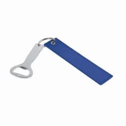 A bottle opener with a silver metal head and a blue leather tag attached via a keyring.