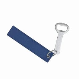 A bottle opener with a silver metal handle and a dark blue fabric grip. It features a keyring for attachment.