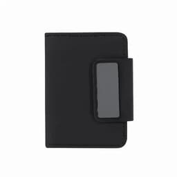 A black business card holder featuring a sleek design and a logo. It has a secure closure and stitching details.