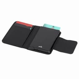 A black business card holder with multiple pockets for cards and an RFID-blocking compartment. It features a sleek design.